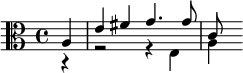 {\clef alto \partial 4 << \relative a { a4 e' fis g4. g8 c, } \\ \relative e { r4 r2 r4 e a } >>}