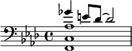 << \relative gis' { \key aes \major \clef bass ges4 e8 des8~2} \\ <f, c aes>1 >>