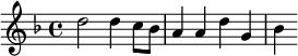 {\key f \major \relative d'' { d2 d4 c8 bes a4 a d g, bes }}