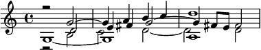 {<< \relative g' { r2 g2~4 a b c d1 } \\ \relative g { g1~1 a } \\ \relative d' { r2 d2 e4 fis g2~4 fis8 e fis2 } \\ \relative b { r2 b c d2~2 2 } >>}