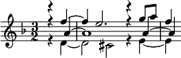 {\partial 2 \key d \minor \time 3/2 << \relative f'' { r4 f~f e2. r4 g8 a f4 } \\ \relative d' { r4 d~d2 cis r4 e~e } \\ \relative a' { r4 a4~1 r4 a~a }>>}