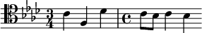 {\clef tenor \key aes \major \time 3/4 \relative c' { c4 f, des' \time 4/4 c8 bes c4 bes }}