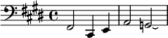 {\clef bass \key cis \minor \relative fis, { fis2 cis4 e a2 g\laissezVibrer }}