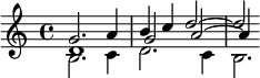 {<< \relative g' { g2. a4 b c d2~2*1/2 } \\ \relative b { b2. c4 d2. c4 b2.*1/3 } \\ \relative d' { d1 g2 a~4 } >>}