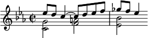 << \relative ees'' { \key c \minor \time 2/2 ees8 d c4~8 d ees f ges f ees4 } \\ \relative c' { <c g'>2 <f a> <ees bes'> } >>