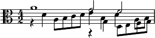 << \relative a' { \clef alto \time 4/2 a1 g2 f } \\ \relative g { s1 r4 g d8 e f g } \\ \\ \relative d' { r4 d a8 b c d e4 b d a8 b } >>