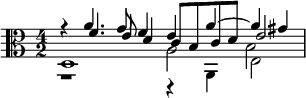 { \time 4/2 \clef alto << \relative a' { \clef alto r4 a4. g8 f4 e a4~ a gis } \\ \relative a, { r1 r4 a e'2 } \\ \relative f' { s4 f4. e8 d4 c8 b c d e2 } \\ \relative d { d1 a'2 b } >> }