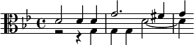 {\key g \minor \clef alto << \relative d' { d2 4 4 g2. fis4 g } \\ \relative g { r2 r4 g g g d'2~4 } >>}