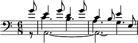 << \relative g' { \clef bass \time 6/8 \partial 8 g8 e4 g8 d4 g8 c,4 b8 e4 e,8 } \\ \relative a, { r8 a2.~2.\laissezVibrer } \\ \\ \relative c' { r8 c4. b a g } >>