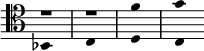  << \clef tenor \omit Score.TimeSignature
\relative c' { \set Timing.measureLength = #(ly:make-moment 2/4) r1*1/2 r \override NoteHead.duration-log = #2 f g \bar "" }
\\ \relative c { \set Timing.measureLength = #(ly:make-moment 2/4) \override NoteHead.duration-log = #2 bes1*1/2 c d c \bar "" }
>> 