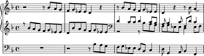 << \new PianoStaff << \new Staff \relative bes' { \key f \major r2 r8 bes a g | f g ees ees d4 r4 | r8 bes' a g f g ees ees | d4 r4 r8 bes' a4\laissezVibrer } \new Staff << \relative bes' { \key f \major r8 bes a g f g ees ees | d8 bes' a g f g ees ees \clef bass d4 c8 c d4 c8 bes | a bes4 c8 f, d' c4 } \\ \relative bes { s1 | s1 | r2 r8 bes a g | f g ees ees d4 ees8 f } >> >> \new Staff \with { \clef bass } \relative bes { \key f \major R1 | r2 r8 bes a g | f g ees ees d bes c4 | d8 g,4 a8 bes4 f } >>