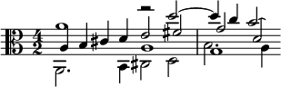 { \time 4/2 \clef alto << \relative a' { a1 r2 d~ d4 c b2\laissezVibrer } \\ \relative a, { a2. b4 cis2 d g1 } \\ \relative a { a4 b cis d e2 fis g d } \\ \relative a { s1 a1 b2. a4 } >> }