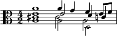 << \relative a' { \time 4/2 \clef alto a1 a4 g f e8 f } \\ \relative a { a1 a2 d, } \\ \relative e' { e1 e2 d4 c } \\ \relative cis' { cis1 cis2 a } >>