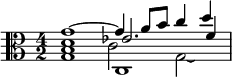 << \relative g' { \time 4/2 \clef alto g1~ g4 a8 b c4 d } \\ \relative g { g1 c, } \\ \relative d' { d1 ees2. f4 } \\ \relative b { b1 c2 g2\laissezVibrer } >>