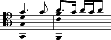  << \clef tenor \omit Score.TimeSignature
\relative f' { \set Timing.measureLength = #(ly:make-moment 2/4) g4. g8 a8. g16 a g a8 \bar "" }
\\ \relative f' { \set Timing.measureLength = #(ly:make-moment 2/4) \override NoteHead.duration-log = #2 <d g, g,>1*1/2 <f c f,,> \bar "" }
>> 