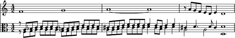 << \new Staff \relative f' { \time 4/2 f1 g a1~a r8 a g f e d e4 d1 } \new Staff << \relative a { \clef alto r8 a bes c d c d c b b c d e d e d cis cis d e f e f e f4 e8 d e4 f cis4 d4. d8 cis4 d1 } \\ \relative f { r8 f g a bes a bes a g g a b c b c b a a b cis d cis d cis d4 cis8 b cis4 d a2 a d,1 } >> >>