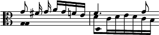  << \clef alto \omit Score.TimeSignature
\relative g' { \set Timing.measureLength = #(ly:make-moment 2/4) g8\noBeam fis16\noBeam g\noBeam a[ g f e] f4. g8 \bar "" }
\\ \relative g { \set Timing.measureLength = #(ly:make-moment 2/4) \once \override NoteHead.duration-log = #2 g1*1/2 d'8[ c16 d e d c b] \bar "" }
\\ \relative g { \set Timing.measureLength = #(ly:make-moment 2/4) \override NoteHead.duration-log = #2 g1*1/2 d \bar "" }
>> 