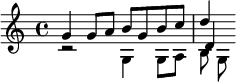 << \relative g' { g4 g8 a b g b c d4 } \\ \relative g { r2 g4 g8 a b g } \\ \relative d' { s1 d4 } >>