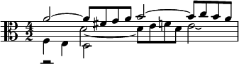 { \time 4/2 \clef alto << \relative a' { a2~a8 fis g a b2~ b8 c b a } \\ \relative f { f4 e d2 } \\ \\ \relative f' { r2 d2~  d8 e f d e2\laissezVibrer }>> }