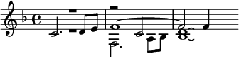 {\key f \major << \relative c' { c2. d8 e f1~2 f4 } \\ \relative f { R1 f2. a8 bes bes1\laissezVibrer \bar "" } \\ \relative c' { R1 r2 c d1\laissezVibrer } >>}