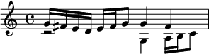 << \relative g' { g16 fis e d e fis g8 g4 fis } \\ \relative g { r2 g4 a16 b c8 } >>