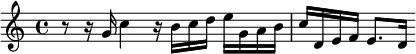 \relative g' { r8 r16 g16 c4 r16 b c d e g, a b | c d, e f e8. d16 }