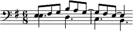 {\key e \minor \clef bass \time 6/8 << \relative e { e8 fis g b a g~g fis e~e4 } \\ \relative e { e4. d c b4.*2/3 } >>}