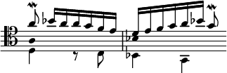  << \clef tenor \omit Score.TimeSignature
\relative c'' { \set Timing.measureLength = #(ly:make-moment 2/4) a8\mordent bes16[ a a g f e] d[ e f g a bes] g8\mordent \bar "" }
\\ \relative c { \set Timing.measureLength = #(ly:make-moment 2/4) d4 r8 c bes4 g \bar "" }
\\ \relative c' { \set Timing.measureLength = #(ly:make-moment 2/4) \override NoteHead.duration-log = #2 a1*1/2 bes \bar "" }
>> 