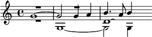 {<< \relative g' { g1~2 g4 a b4. a8 b4 } \\ \relative g { R1 g1~2 4 } \\ \relative d' { R1 R1 d\laissezVibrer \bar "" } >>}