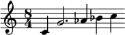 {\time 8/4 \relative c' { c4 g'2. aes4 bes c }}