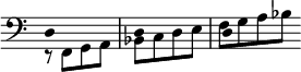  << \clef bass \omit Score.TimeSignature
\relative c { \set Timing.measureLength = #(ly:make-moment 2/4) \override NoteHead.duration-log = #2 d1*1/2 d d \bar "" }
\\ \relative f, { \set Timing.measureLength = #(ly:make-moment 2/4) r8 f g a bes c d e f g a bes \bar "" }
>> 