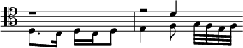  << \clef tenor \omit Score.TimeSignature
\relative c' { \set Timing.measureLength = #(ly:make-moment 2/4) r1*1/2 r2*1/2 d4 \bar "" }
\\ \relative c { \set Timing.measureLength = #(ly:make-moment 2/4) d8. c16 d c d8 e4 f8 g32[ f e f] \bar "" }
>> 