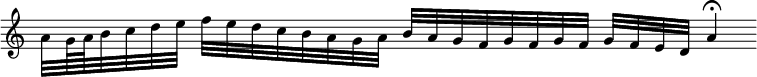 \new Staff \with { \omit TimeSignature }\relative a' { \cadenzaOn a32[ g64 a b32 c d e] f[ e d c b a g a] b[ a g f g f g f] g[ f e d] a'4^\fermata }