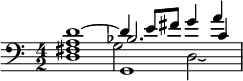 << \relative d' { \clef bass \time 4/2 \omit TimeSignature d1~ d4 e8 fis g4 a } \\ \relative d { d1 g,1 } \\ \relative a { a1 bes2. c4 } \\ \relative fis { fis1 g2 d2\laissezVibrer }  >>