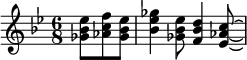 {\time 6/8 \partial 4. \key g \minor \relative g' {  <ges bes ees>8 <aes c f> <ges bes ees> <bes ees ges>4 <ges bes ees>8 <f bes d>4 <ees aes c>8\laissezVibrer }}