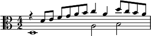 { \time 4/2 \clef alto << \relative d' { \clef alto r4 d8 e f g a b c4 a d8 c b a } \\ \relative d { d1 a'2 b } >> }