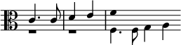  << \clef alto \omit Score.TimeSignature
\relative c' { \set Timing.measureLength = #(ly:make-moment 2/4) c4. c8 d4 e \once \override NoteHead.duration-log = #2 f1*1/2 \bar "" }
\\ \relative f { \set Timing.measureLength = #(ly:make-moment 2/4) r1*1/2 r f4. f8 g4 a \bar "" }
>> 