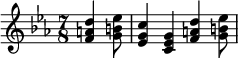 {\key c \minor \time 7/8 \relative d'' { \partial 4. <d a f>4 <ees b g>8  <c g ees>4 <g ees c> <d' a f> <ees b g>8}}