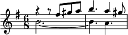 {\key g \major \time 6/8 << \relative fis'' { r4 r8 fis8 gis a b4. a4 gis8 } \\ \relative b' { b2.~4. a } >>}