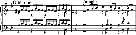 \new PianoStaff <<
\new Staff \with { \clef treble \omit TimeSignature } <<
\relative fis' { \mark "G Minor" \key g \minor fis16 a g fis g bes a g fis a g fis g bes a g | fis2 \tempo "Adagio" r8 a bes c d4~8 bes c4~8 a }
\\
\relative fis' { d4 r r r8 ees8 | d2 r2 | r8 f g4 r8 g fis4 }
>>
\new Staff \with { \clef bass \omit TimeSignature } <<
\relative b { \key g \minor a16 c bes a bes d c bes a c bes a bes d c bes | a2 r2 | r8 bes bes4 r8 ees d4 }
\\
\relative b, { r4 r r r8 c | d2 r2 | r8 d ees4 r8 c d4 }
>>
>>