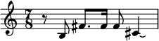 {\time 7/8 \relative b { r8 b fis'8.[ 16] 8 cis4\laissezVibrer }}