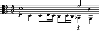  << \relative d' {\clef alto \time 4/2 d1 f2 } \\ \relative d { r4 d d8 e16 d c8 d16 c bes4 a } \\ \\ \relative c' { r1 r4 c } >>