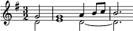 {\key g \major \time 3/2 \partial 2 << \relative g' { g2 g1 a4 b8 c b2. } \\ \relative d' { d2 e1 d2~2. } >>}