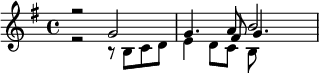 { \key g \major << \relative g' { r2 g2 g4. a8 b2 } \\ \relative b { r2 r8 b c d e4 d8 c b } \\ \relative fis' { s1 s4. fis8 g4. } >>}