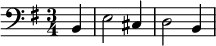 \relative b, { \time 3/4 \key g \major \clef bass \partial 4 b4 e2 cis4 d2 b4 }