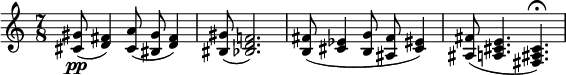 \relative cis' { \time 7/8 <cis gis'>8(\pp <d fis>4) <cis a'>8( <bis gis'>8 <d fis>4) | <bis gis'>8( <bes d f!>2.) | <b fis'>8( <cis ees>4 <b g'>8 <ais fis'>8 <cis eis>4) | <ais fis'>8( <a cis e>4. <fis ais cis>4.)\fermata }