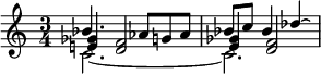 {\time 3/4 << \relative bes' { bes4. aes8 g aes bes c bes4 des\laissezVibrer } \\ \relative c' { c2.~c2. } \\ \relative e' { <e! ges>4 <d f>2 <e ges>4 <d f>2 } >>}