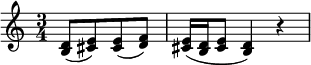 {\time 3/4 \partial 2 \relative b { <b d>8( <cis e>) <cis e>( <d f>) <cis e>16( <b d> <cis e>8 <b d>4) r4 }}