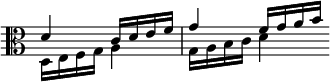  << \clef alto \omit Score.TimeSignature
\relative c' { \set Timing.measureLength = #(ly:make-moment 2/4) d4 c16[ d e f] g4 f16[ g a b] \bar "" }
\\ \relative c { \set Timing.measureLength = #(ly:make-moment 2/4) d16[ e f g] a4 g16[ a b c] d4 \bar "" }
>> 