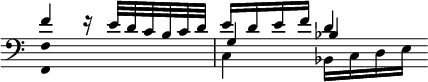  << \clef bass \omit Score.TimeSignature
\relative f' { \set Timing.measureLength = #(ly:make-moment 2/4) f4 r16 e32 d c b c d e16 d e f d4 \bar "" }
\\ \relative f { \set Timing.measureLength = #(ly:make-moment 2/4) \once \override NoteHead.duration-log = #2 f,1*1/2 c'4 bes16 c d e \bar "" }
\\ \relative f { \set Timing.measureLength = #(ly:make-moment 2/4) \once \override NoteHead.duration-log = #2 f1*1/2 g4 bes \bar "" }
>> 